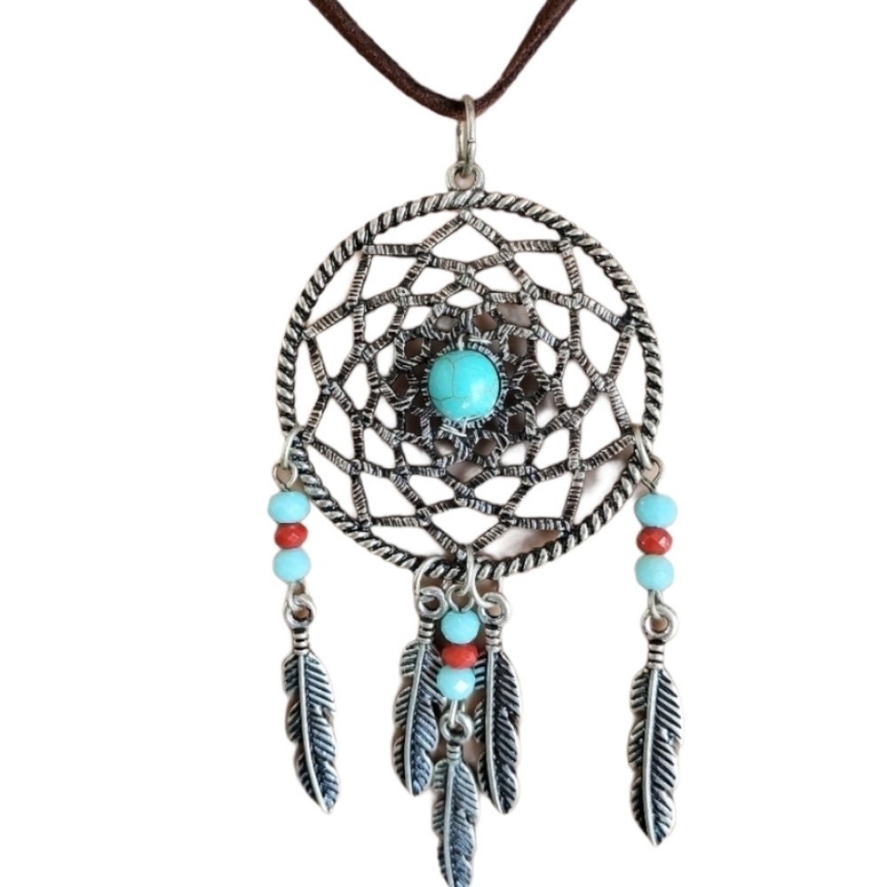 Southwestern Dreamcatcher necklace Cord silver green Halloween costume  18.5" *